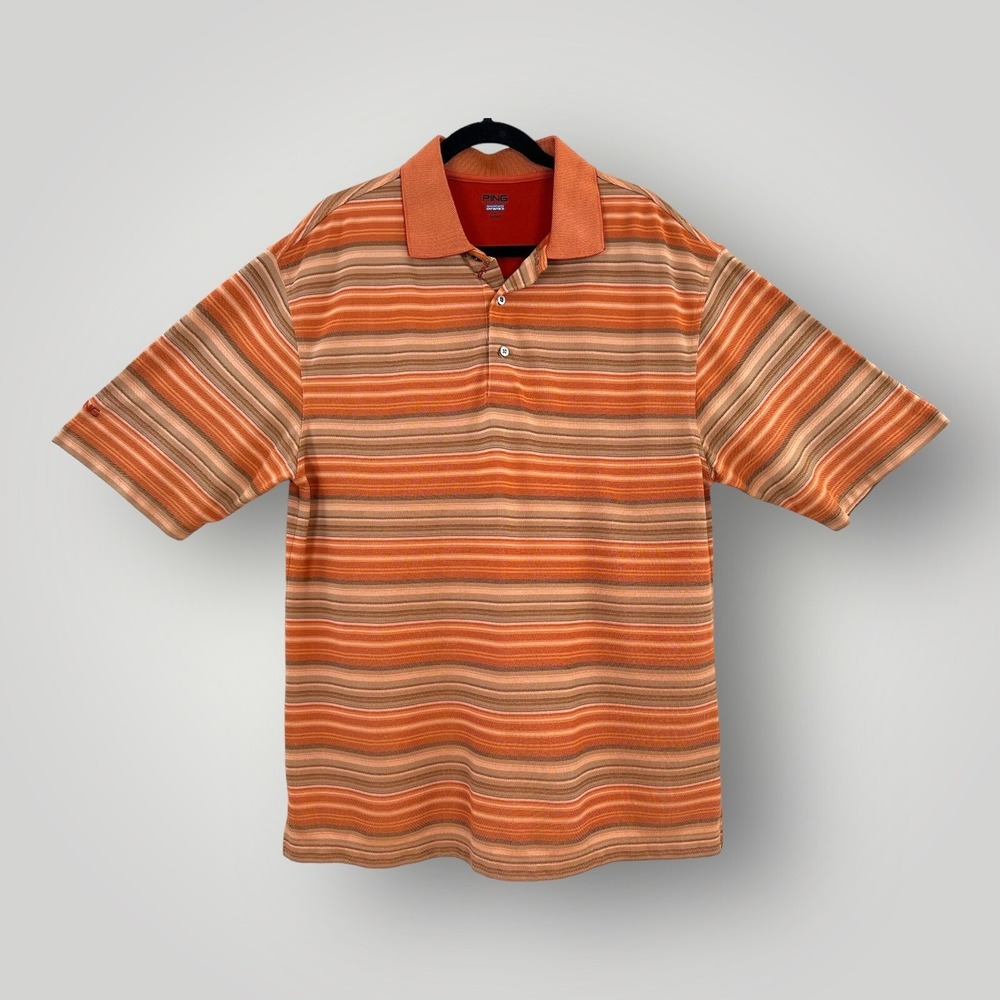 Ping Performance Dynamics Golf Shirt Size Large Polo Orange Striped Short Sleeve